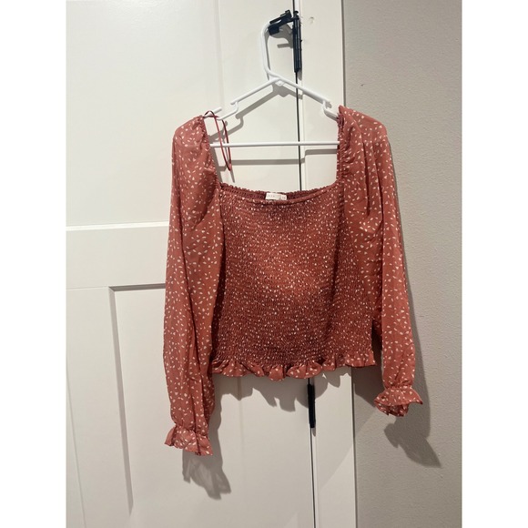 LUSH Smocked Square Neck Crop Top Rust White Ditsy Floral Long Sleeve M - Picture 2 of 3